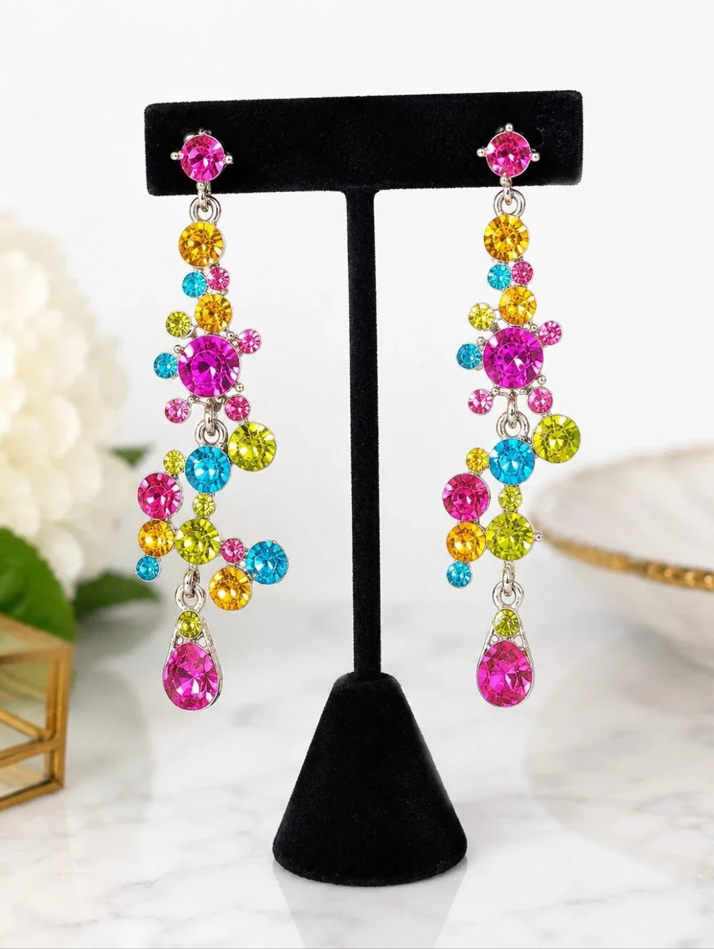 Colorful Rhinestone Chandelier Dangle Earrings Silver Tone Pierced Statement